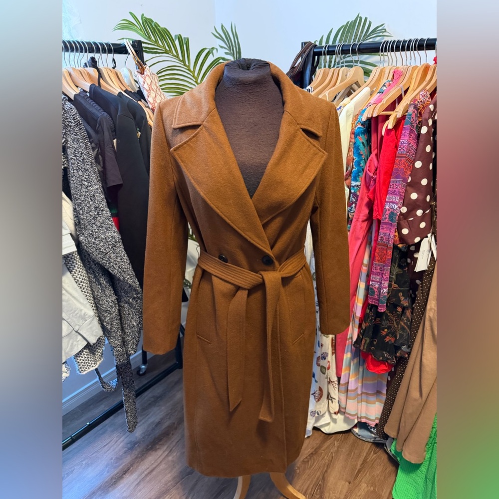 le chateau Brown Double-Breasted Wool Trench Coat with Belt